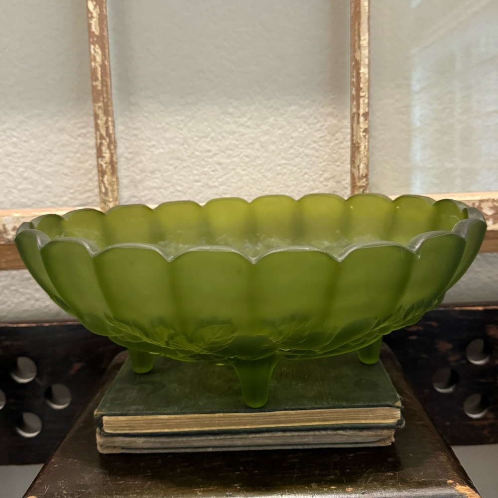 Rare Vintage Indiana Glass Frosted Green Oval Footed Bowl with Grape Harvest